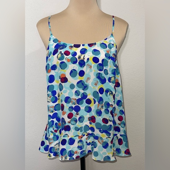 Anthropologie Maeve Zabella Silk Tank Size 10 Aqua Motif Dotted Ruffled - Picture 11 of 11